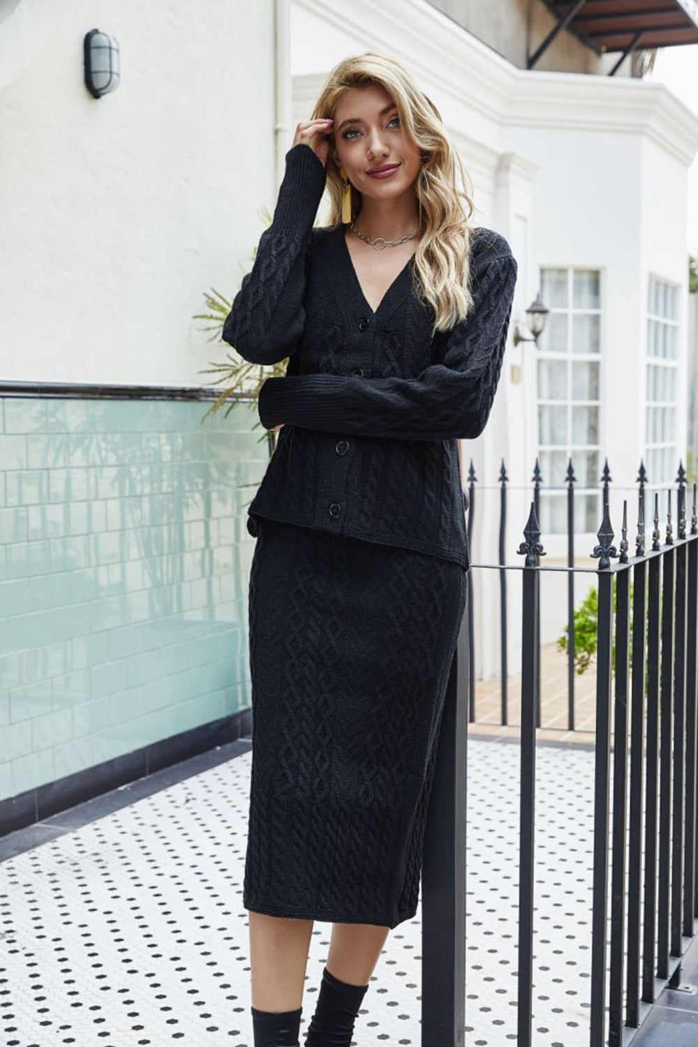 She Wears Glory™ Knit in Grace V-Neck Cardigan &amp; Skirt Set - She Wears Glory Beverly Hills