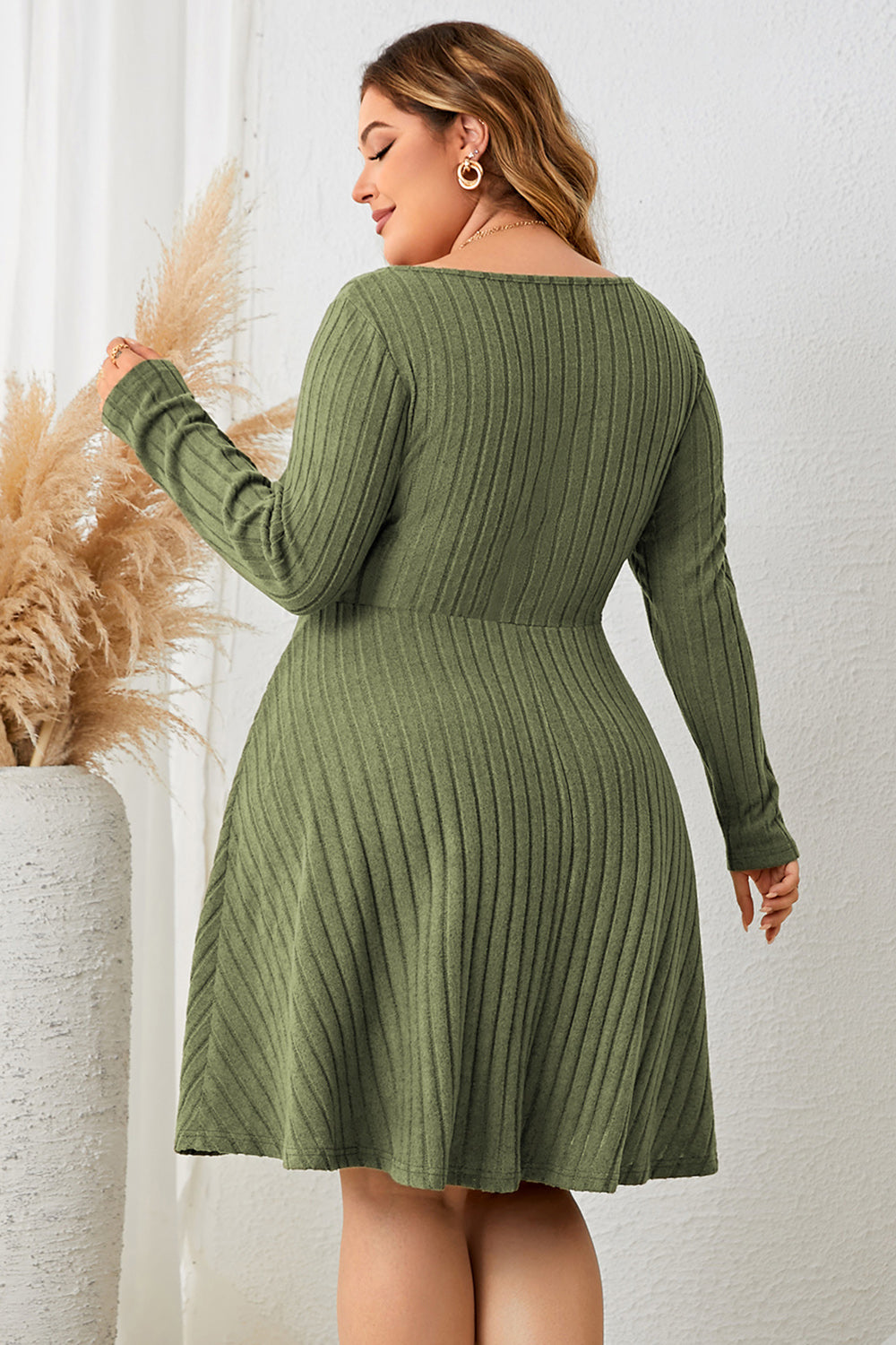She Wears Glory™ “Honeyed Honor” Plus Size Sweetheart Neck Long Sleeve Ribbed Dress - She Wears Glory Beverly Hills
