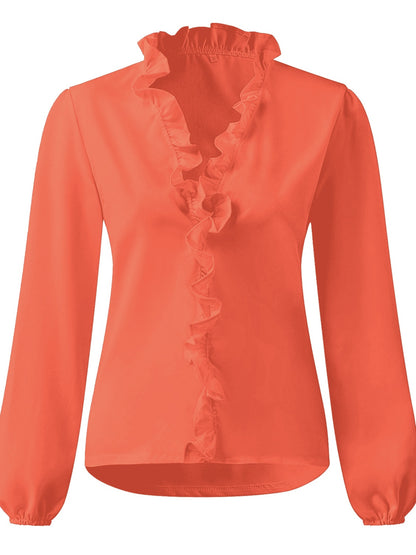 Full Size Ruffled V-Neck Long Sleeve Blouse - She Wears Glory Beverly Hills