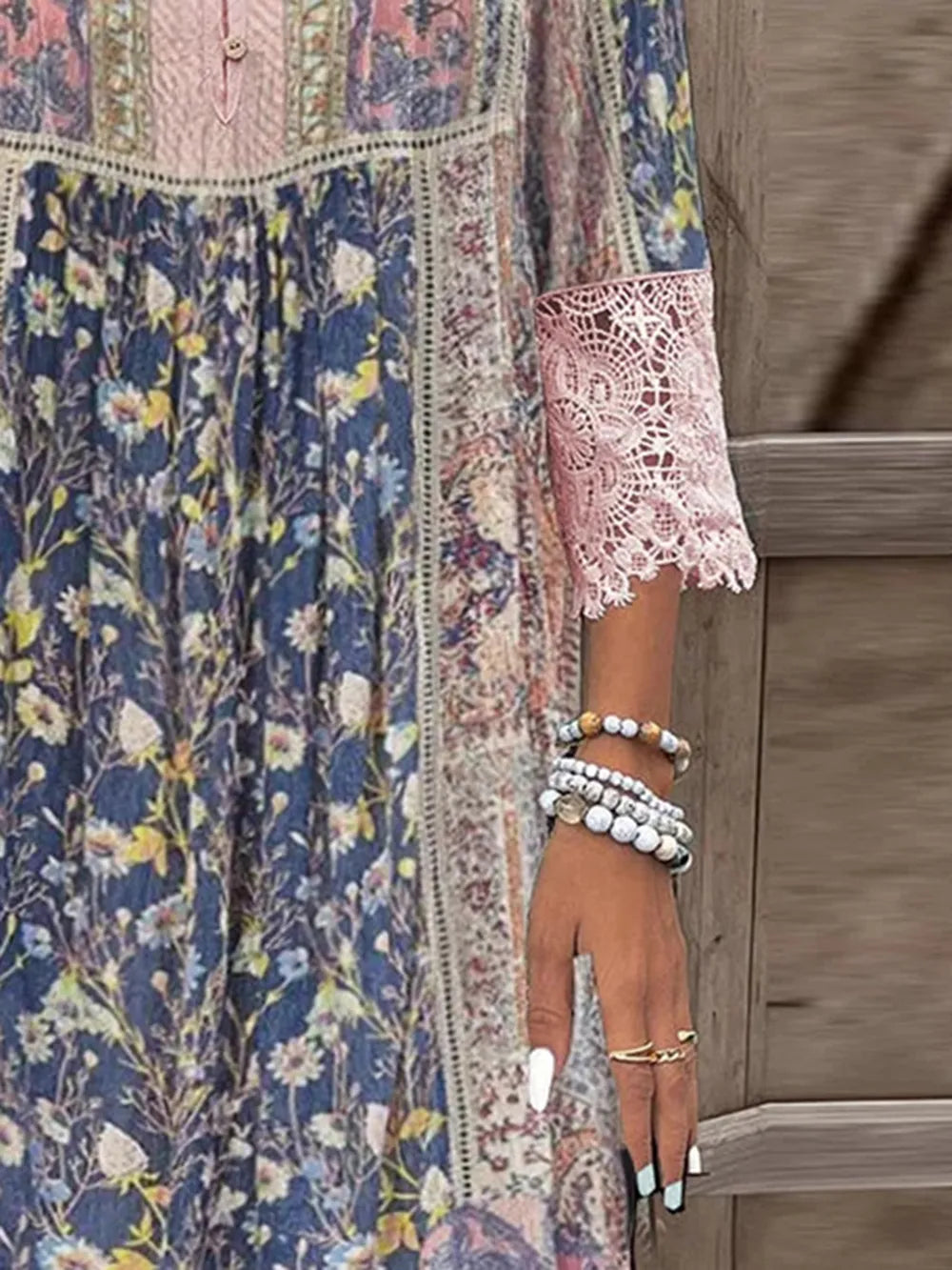 She Wears Glory™ Lace Detail Printed Three-Quarter Sleeve Dress - She Wears Glory Beverly Hills