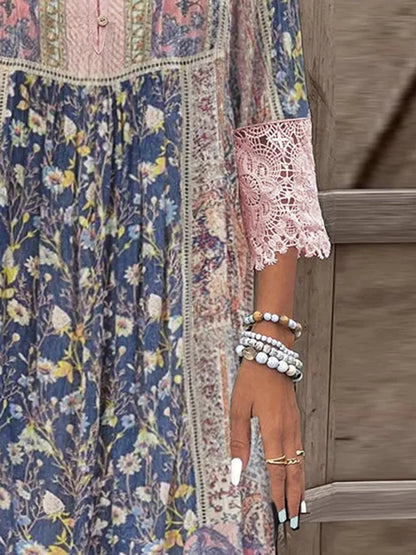 She Wears Glory™ Lace Detail Printed Three-Quarter Sleeve Dress - She Wears Glory Beverly Hills