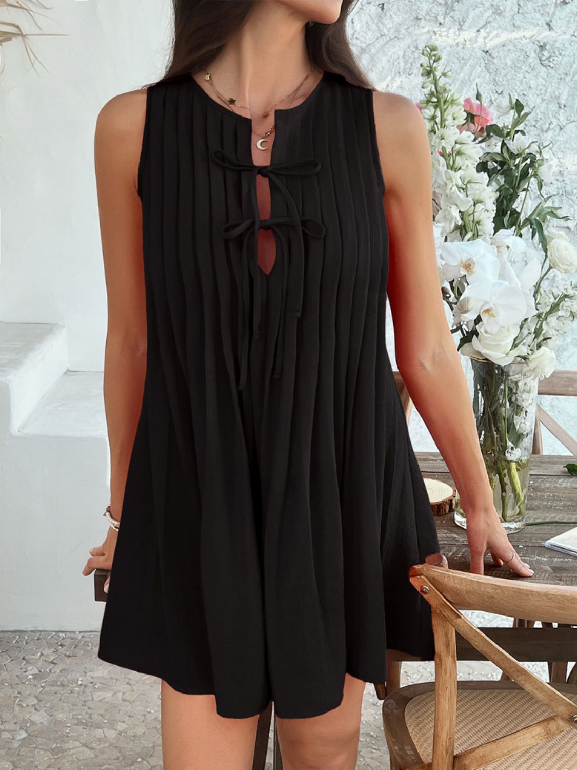 She Wears Glory™ “Divine Appointed” Pleated Tie-Waist Mini Dress - She Wears Glory Beverly Hills