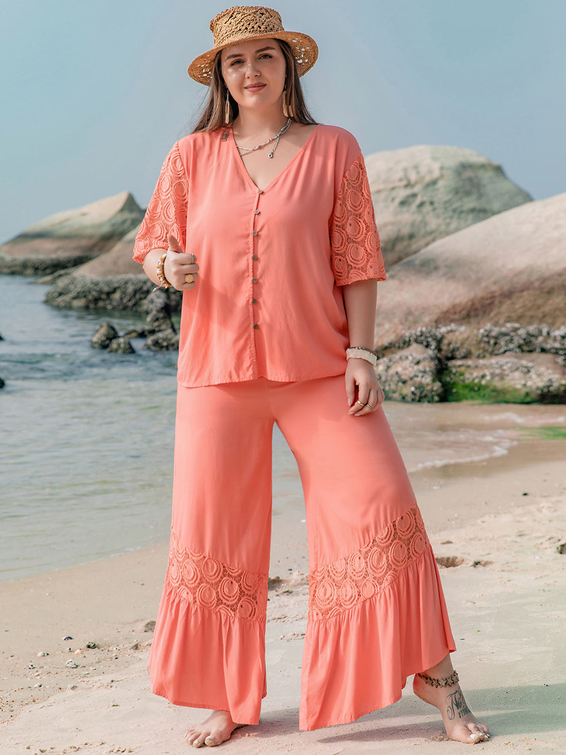 She Wears Glory™ “Royal Radiance” Plus Size Button Up Half Sleeve Top and Pants Set - She Wears Glory Beverly Hills