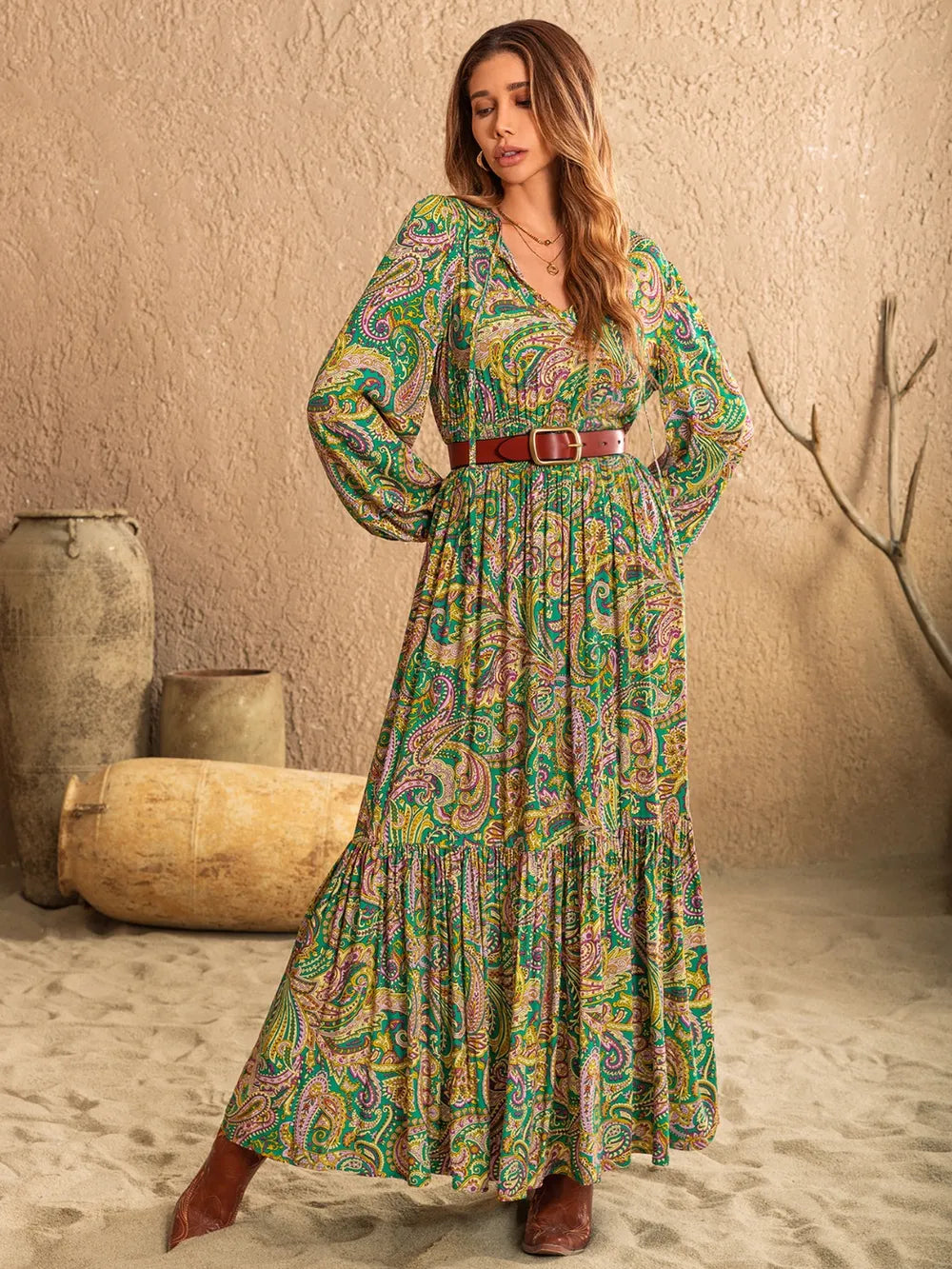 She Wears Glory “Esther Arising” Tie-Neck Long Sleeve Dress - She Wears Glory Beverly Hills