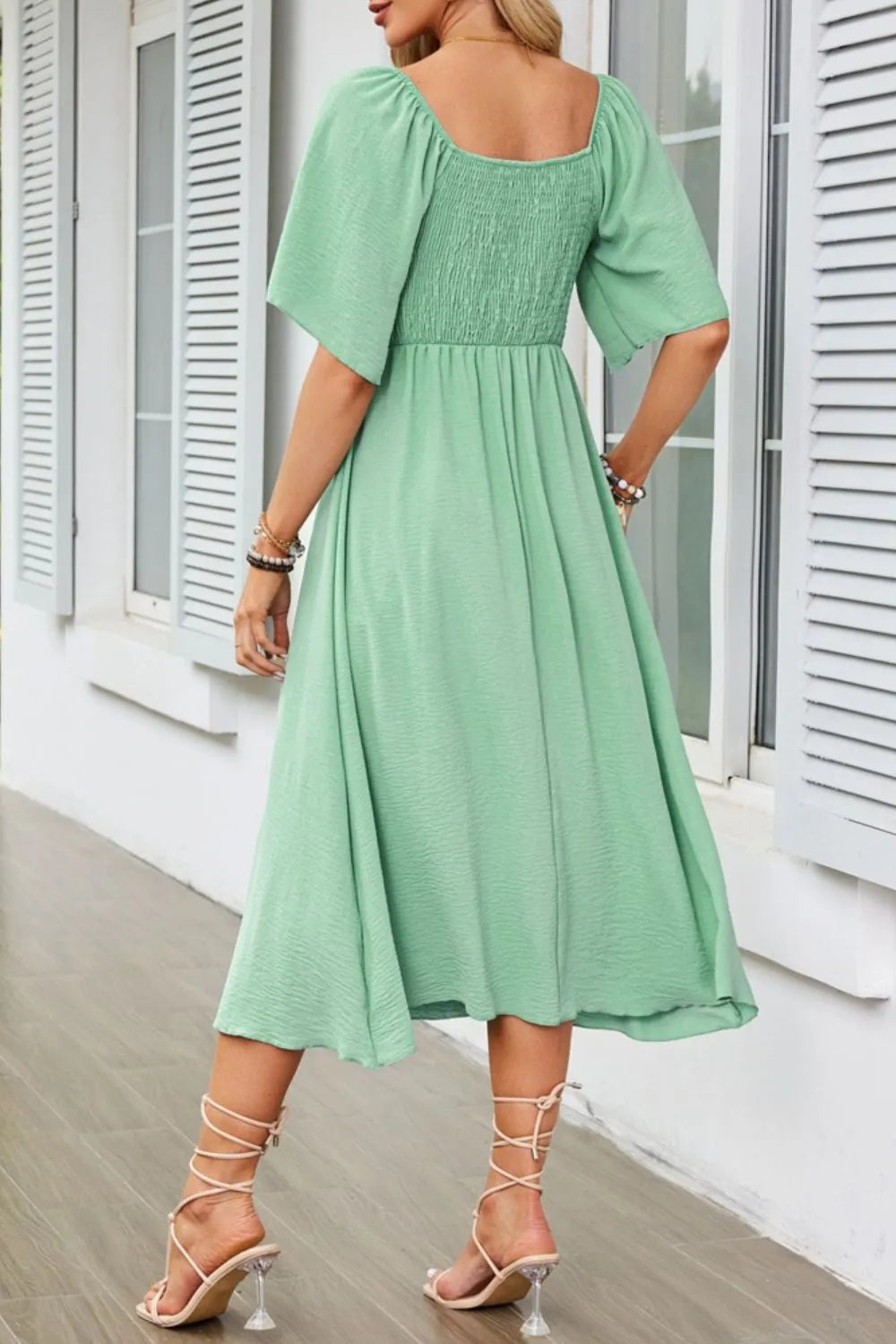 Smocked Tie Front Flutter Sleeve Midi Dress - She Wears Glory Beverly Hills