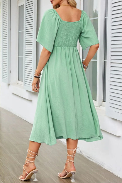 Smocked Tie Front Flutter Sleeve Midi Dress - She Wears Glory Beverly Hills