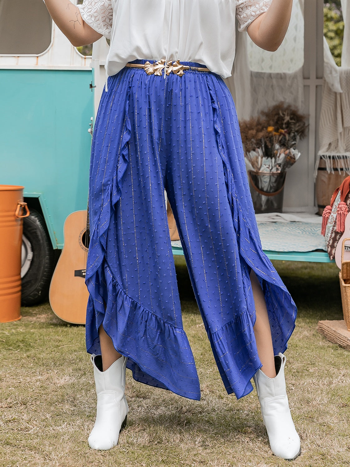 She Wears Glory™ “Heaven’s Whisper” Swiss Dot Ruffled Wide Leg Pants - She Wears Glory Beverly Hills