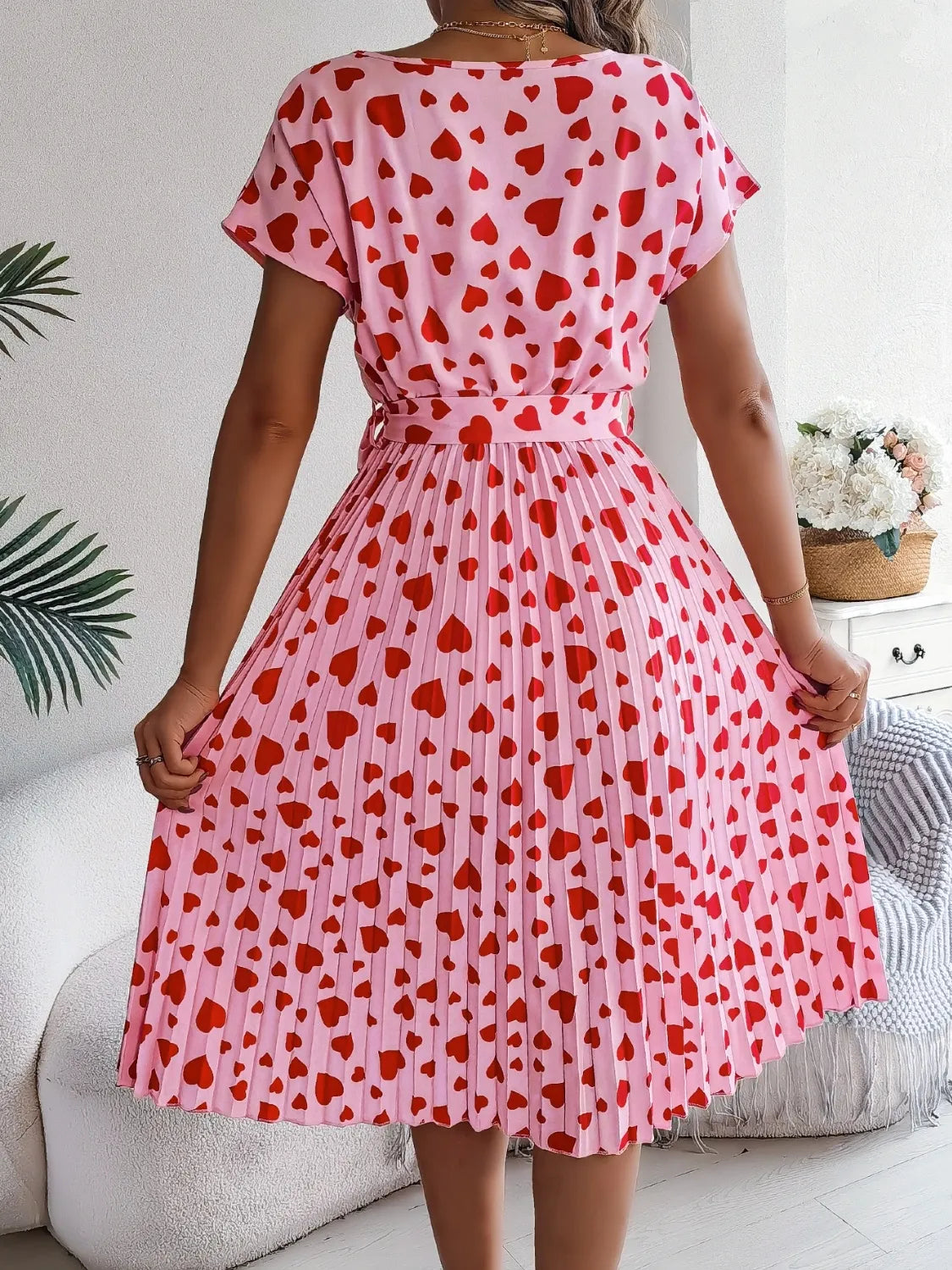 She Wears Glory™ “Hearts Set Apart” Tie-Waist Pleated Dress - She Wears Glory Beverly Hills