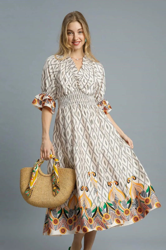 She Wears Glory™ Printed Smocked Waist Flounce Sleeve Midi Dress - She Wears Glory Beverly Hills