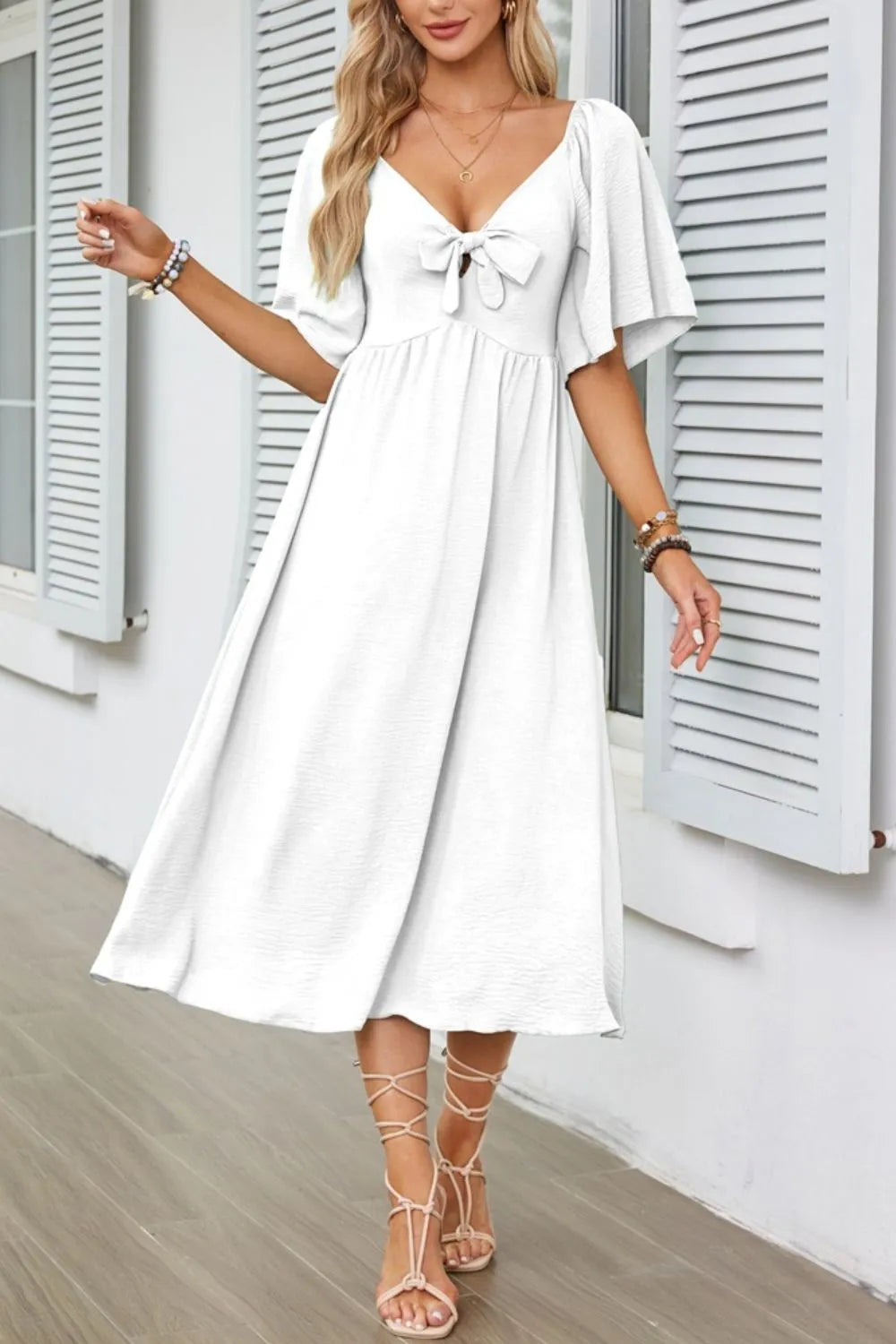 Smocked Tie Front Flutter Sleeve Midi Dress - She Wears Glory Beverly Hills