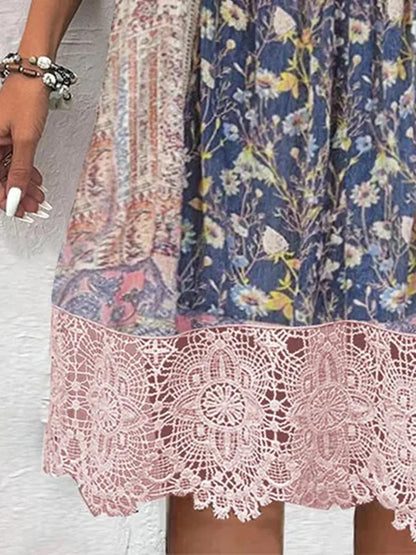 She Wears Glory™ Lace Detail Printed Three-Quarter Sleeve Dress - She Wears Glory Beverly Hills