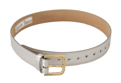 Dolce & Gabbana Silver Leather Gold Tone Logo Metal Buckle Belt