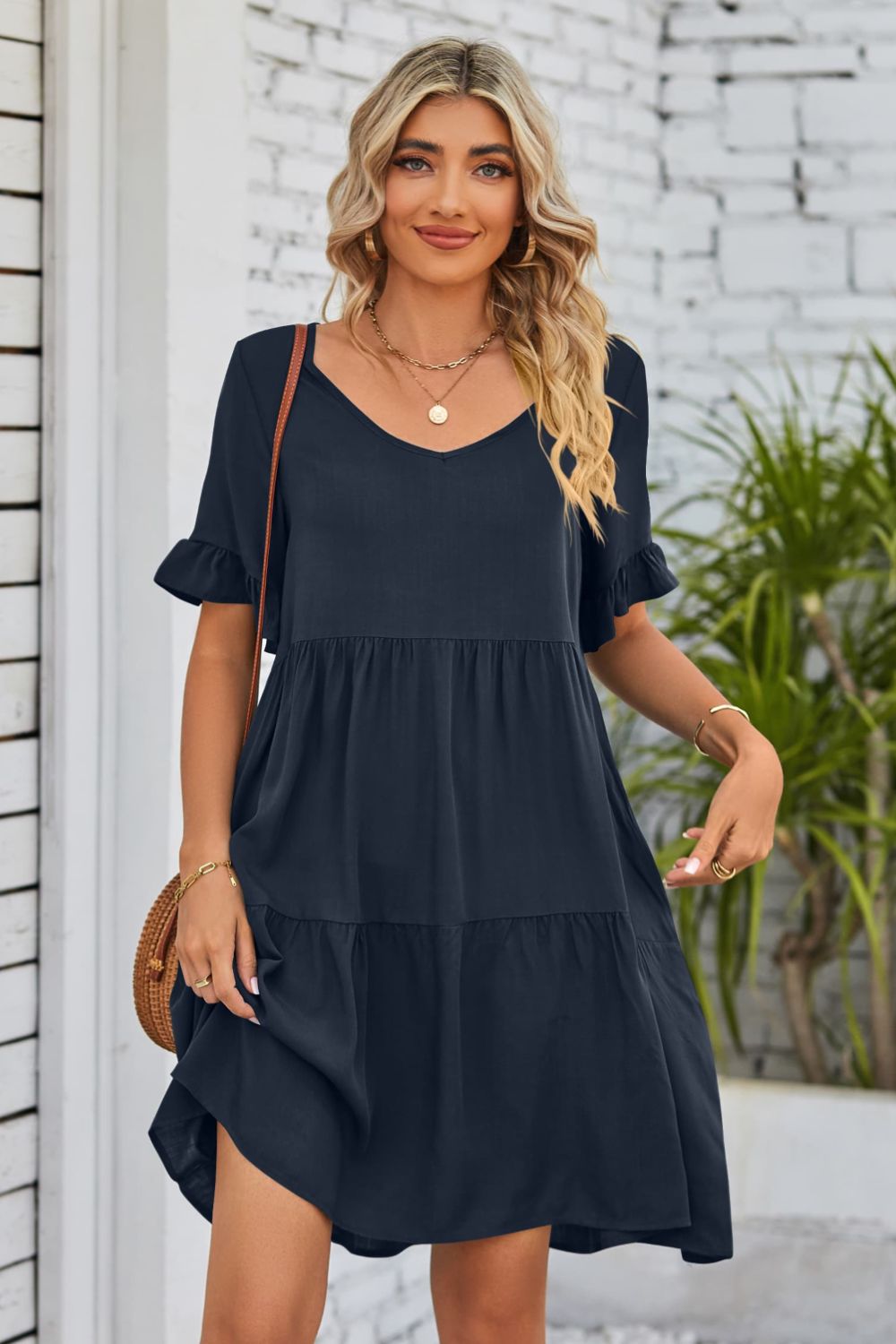 She Wears Glory™ Mandy V-Neck Flounce Sleeve Tiered Dress - She Wears Glory Beverly Hills