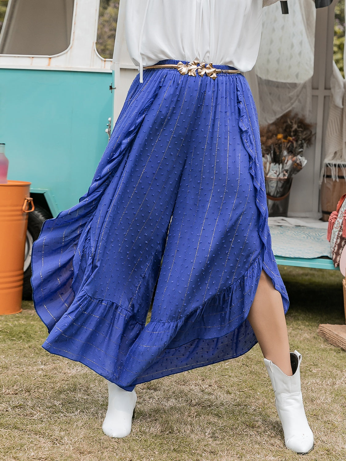 She Wears Glory™ “Heaven’s Whisper” Swiss Dot Ruffled Wide Leg Pants - She Wears Glory Beverly Hills