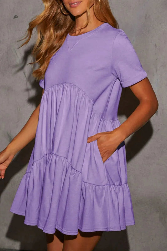 She Wears Glory™ Tiered Round Neck Short Sleeve Mini Dress - She Wears Glory Beverly Hills