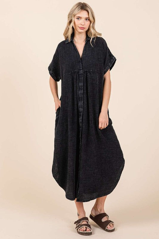 She Wears Glory™ Mineral Wash Midi Shirt Dress – Worn-In Grace, Buttoned in Strength - She Wears Glory Beverly Hills