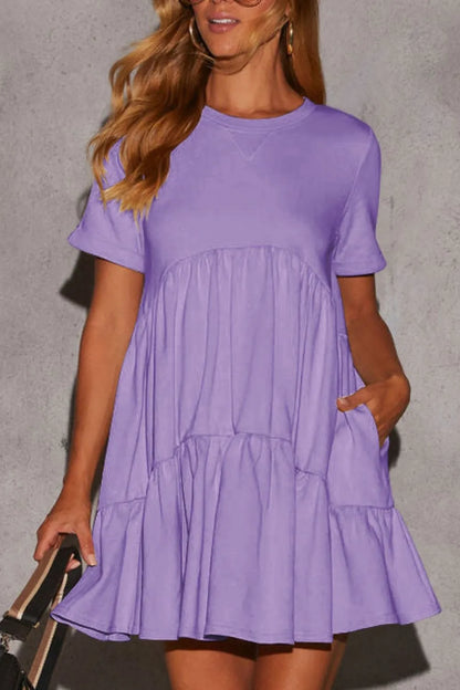 She Wears Glory™ Tiered Round Neck Short Sleeve Mini Dress - She Wears Glory Beverly Hills