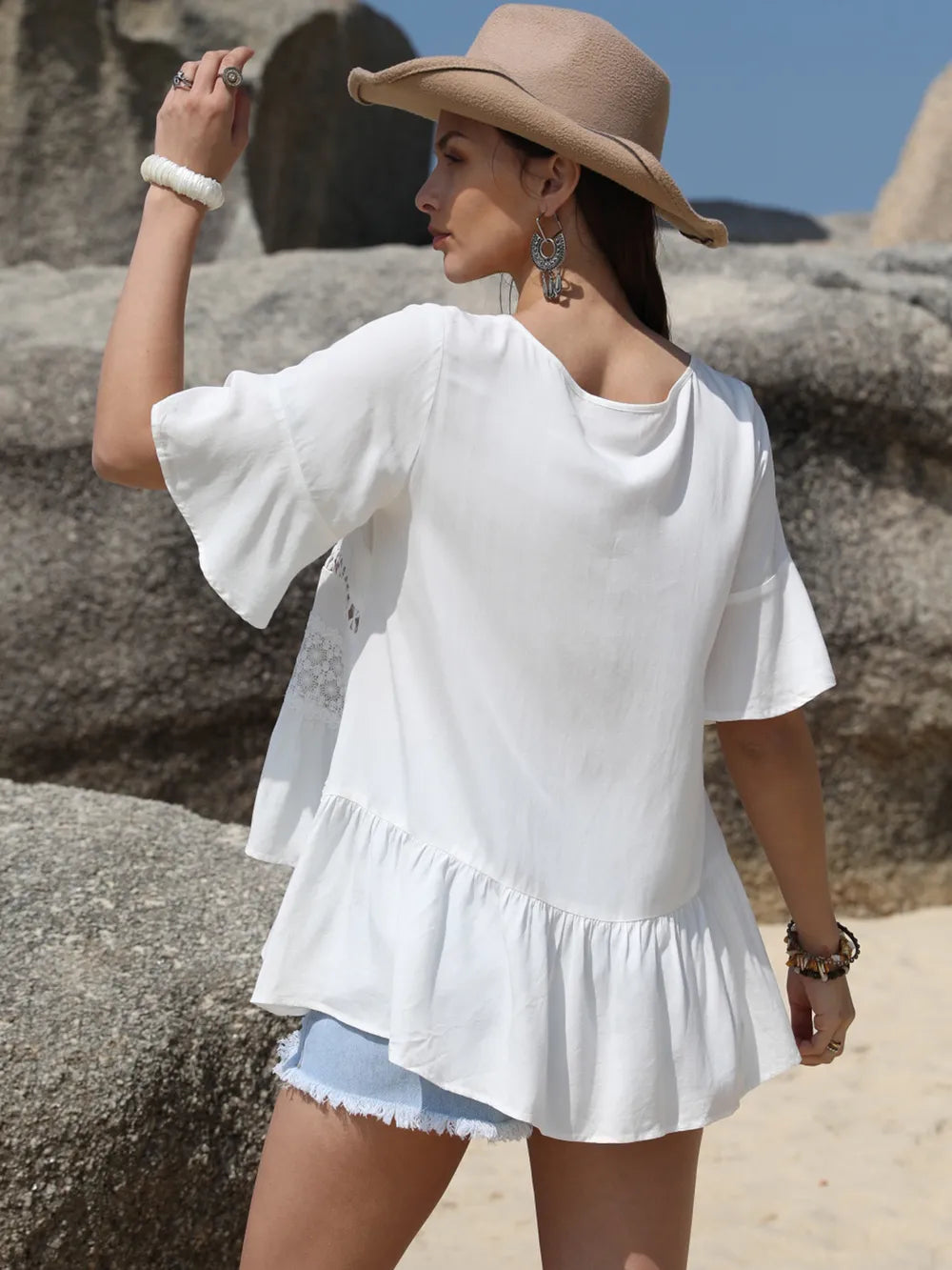 She Wears Glory™ — Sanctified in Softness Lace Detail Blouse - She Wears Glory Beverly Hills