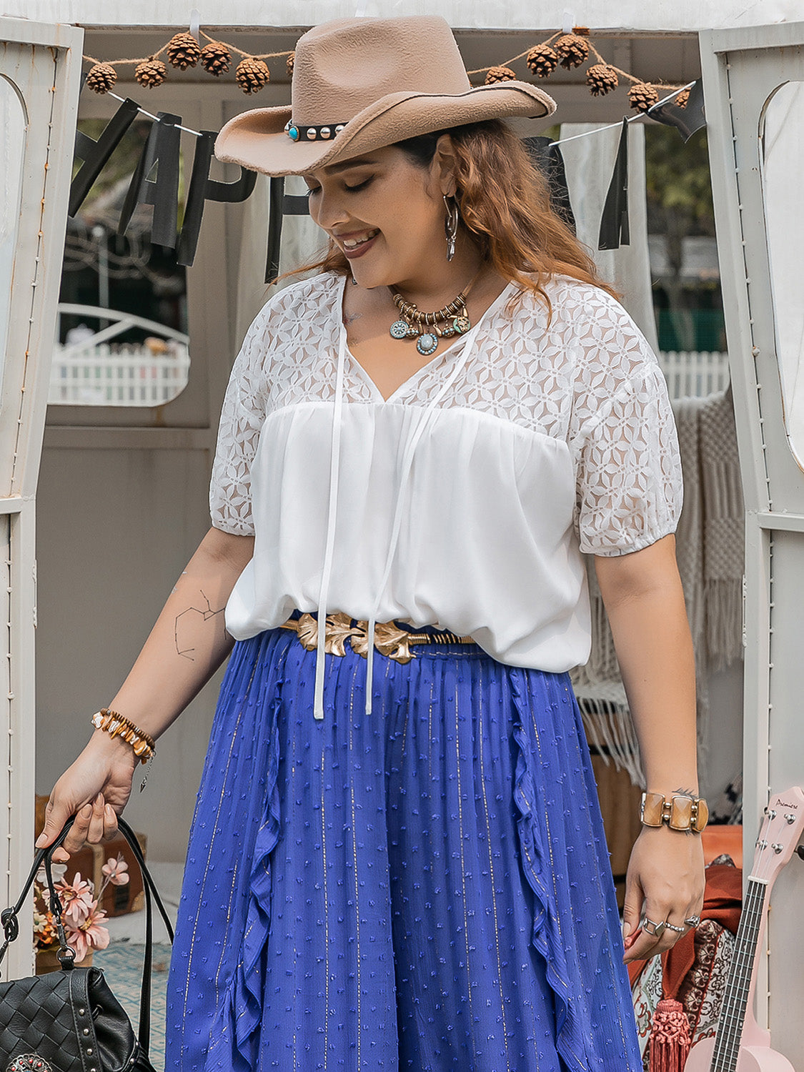 She Wears Glory™ “Whispers of Grace” Tie Neck Short Sleeve Blouse - She Wears Glory Beverly Hills