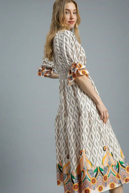 She Wears Glory™ Printed Smocked Waist Flounce Sleeve Midi Dress - She Wears Glory Beverly Hills