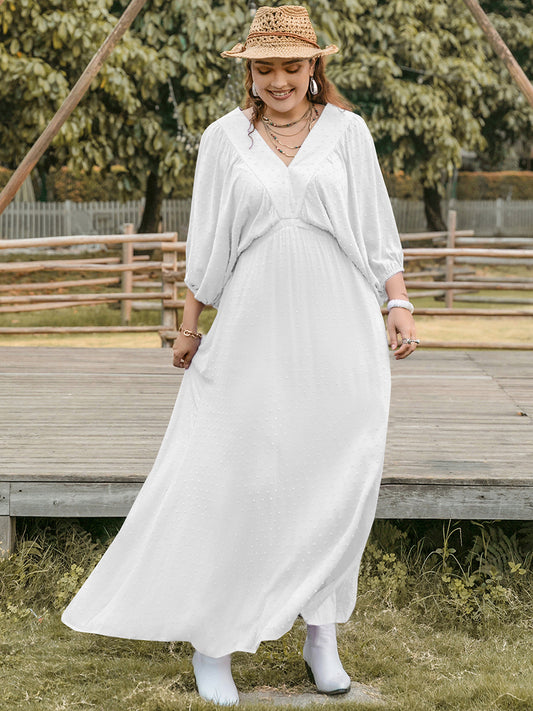 She Wears Glory™ “Graceful Anointing” Plus Size Swiss Dot V-Neck Three-Quarter Sleeve Dress - She Wears Glory Beverly Hills