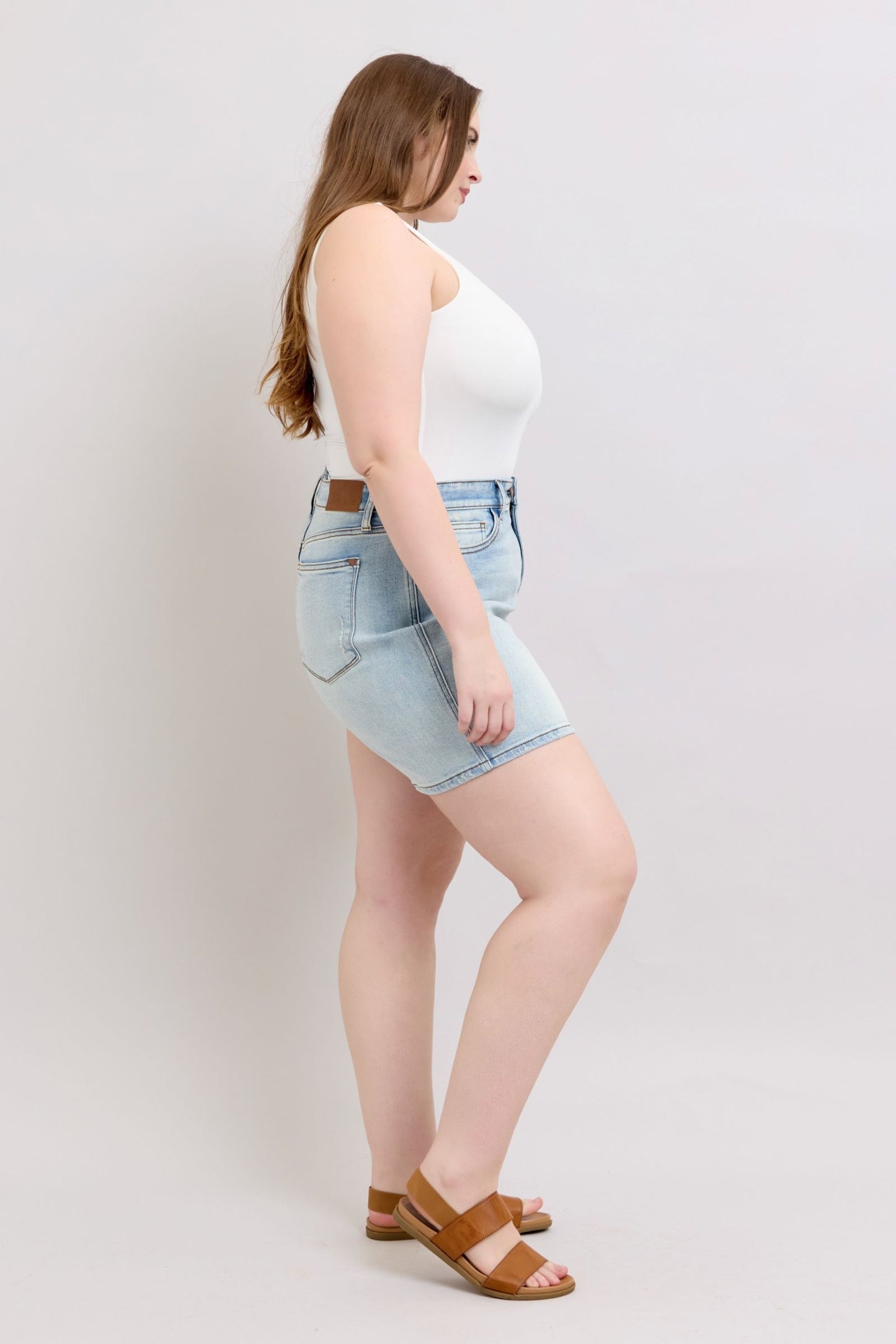 She Wears Glory™ “Redeemed Denim” 2-Button High-Rise Shorts with Pockets – Plus Size - She Wears Glory Beverly Hills