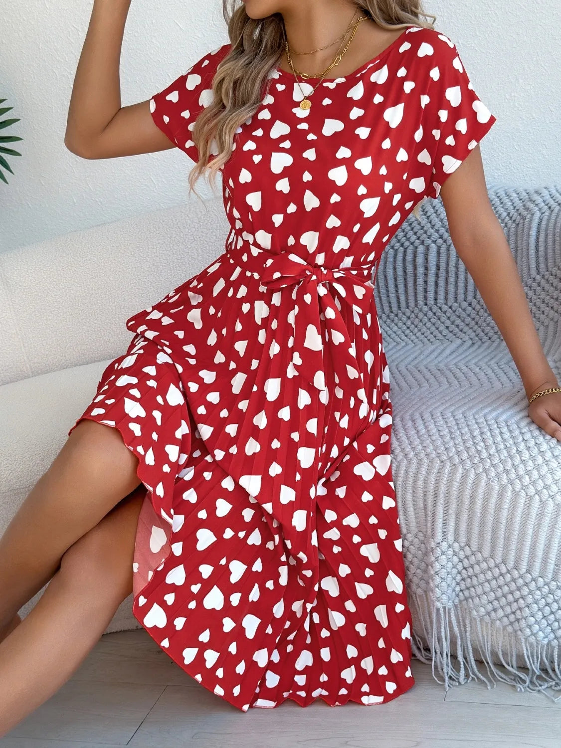 She Wears Glory™ “Hearts Set Apart” Tie-Waist Pleated Dress - She Wears Glory Beverly Hills