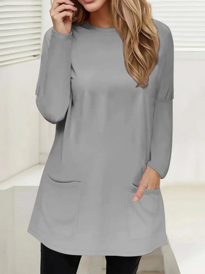 She Wears Glory™ Full Size Pocketed Round Neck Long Sleeve T-Shirt - She Wears Glory Beverly Hills