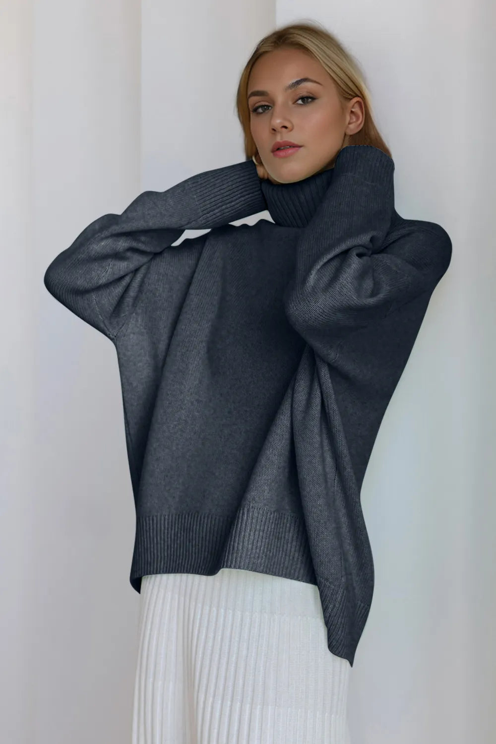 She Wears Glory™ Turtleneck Dropped Shoulder Long Sleeve Sweater - She Wears Glory Beverly Hills
