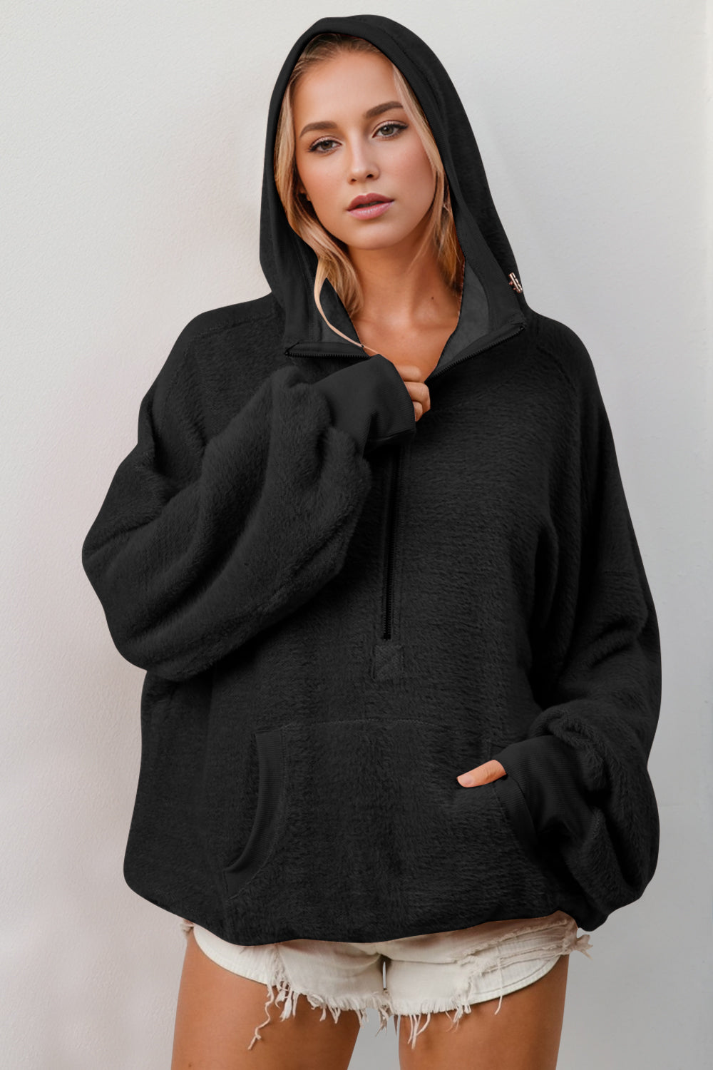 She Wears Glory™ “Serenity in Motion” Full Size Half Zip Long Sleeve Hoodie with Kangaroo Pocket - She Wears Glory Beverly Hills