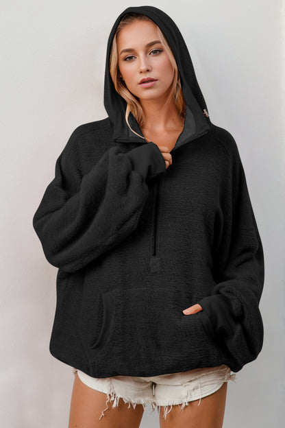 She Wears Glory™ “Serenity in Motion” Full Size Half Zip Long Sleeve Hoodie with Kangaroo Pocket - She Wears Glory Beverly Hills