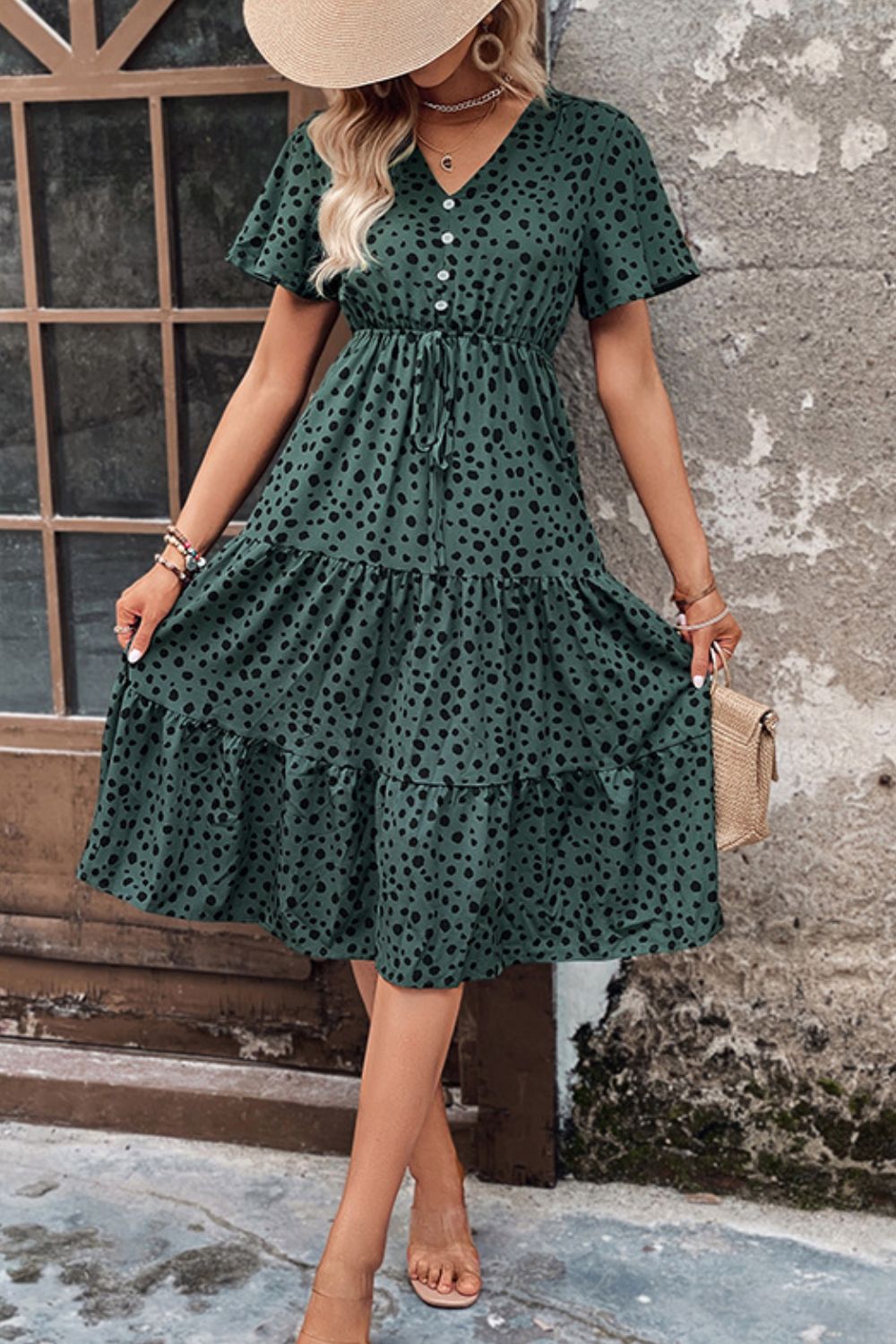Perfee Printed Buttoned V-Neck Flutter Sleeve Dress - She Wears Glory Beverly Hills