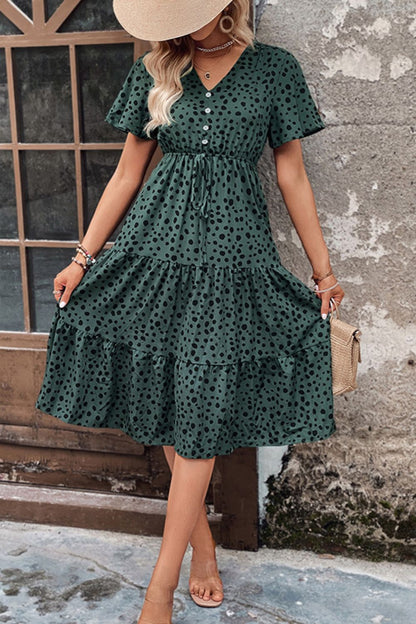 Perfee Printed Buttoned V-Neck Flutter Sleeve Dress - She Wears Glory Beverly Hills