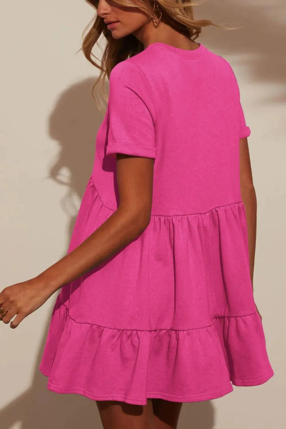 She Wears Glory™ Tiered Round Neck Short Sleeve Mini Dress - She Wears Glory Beverly Hills