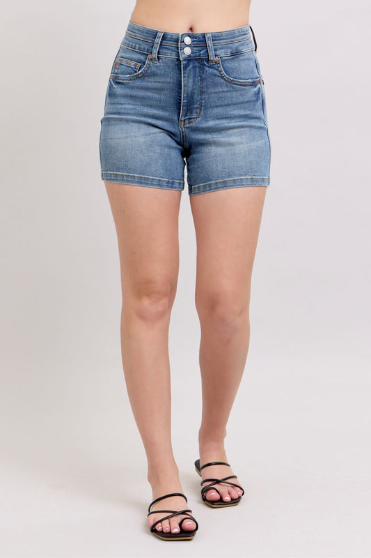 She Wears Glory™ High Rise Tummy Control Denim Shorts – Holy Confidence, Made Comfortable - She Wears Glory Beverly Hills
