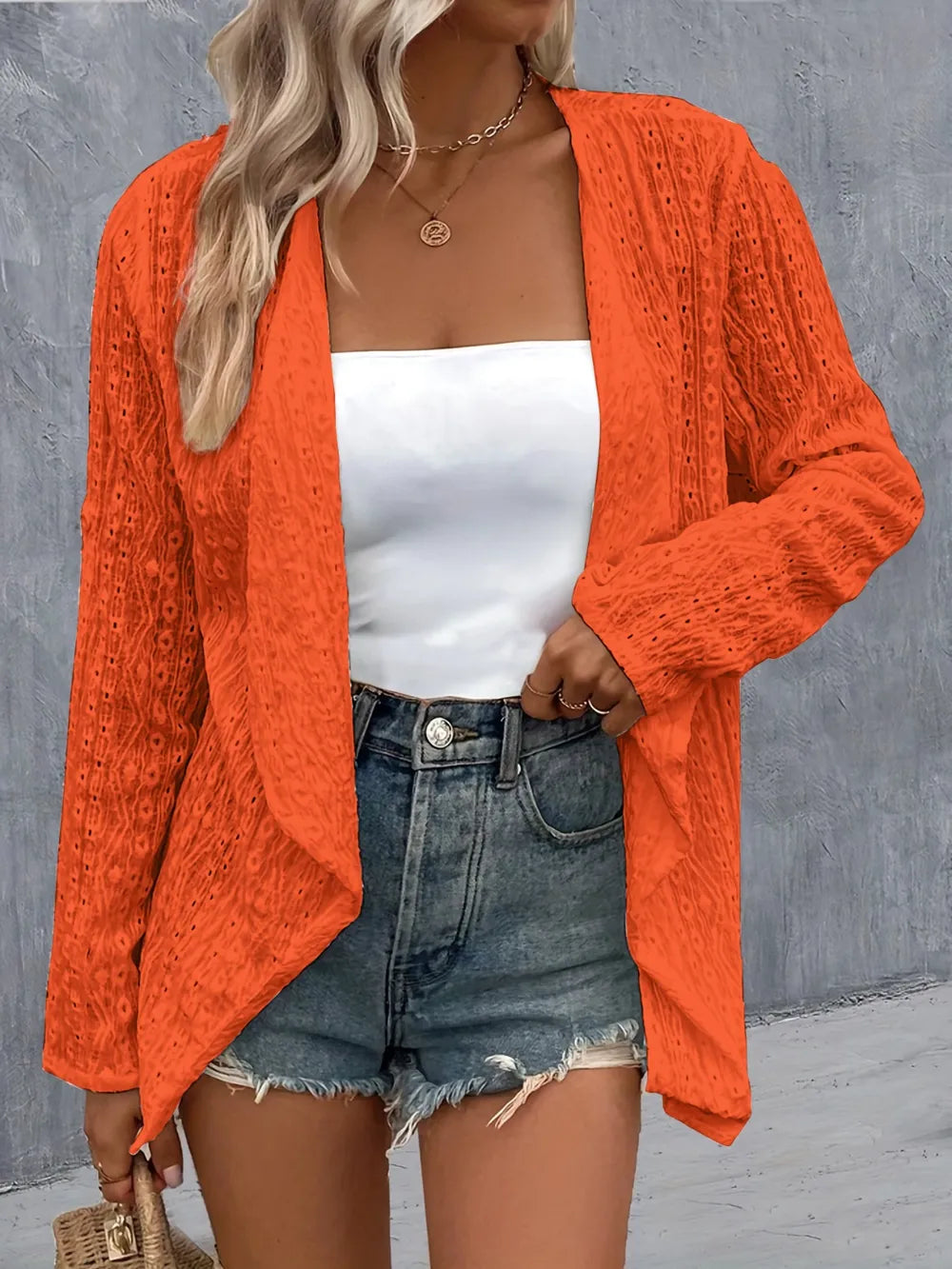 She Wears Glory™ Eyelet Roll-Tab Sleeve Cardigan - She Wears Glory Beverly Hills