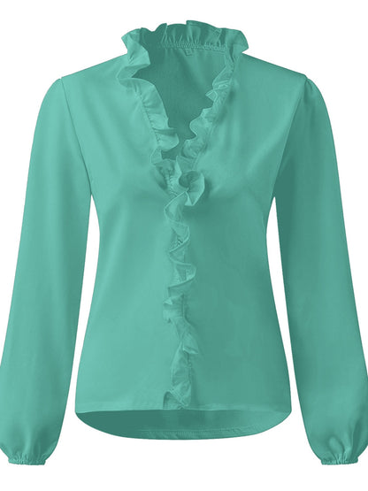 Full Size Ruffled V-Neck Long Sleeve Blouse - She Wears Glory Beverly Hills