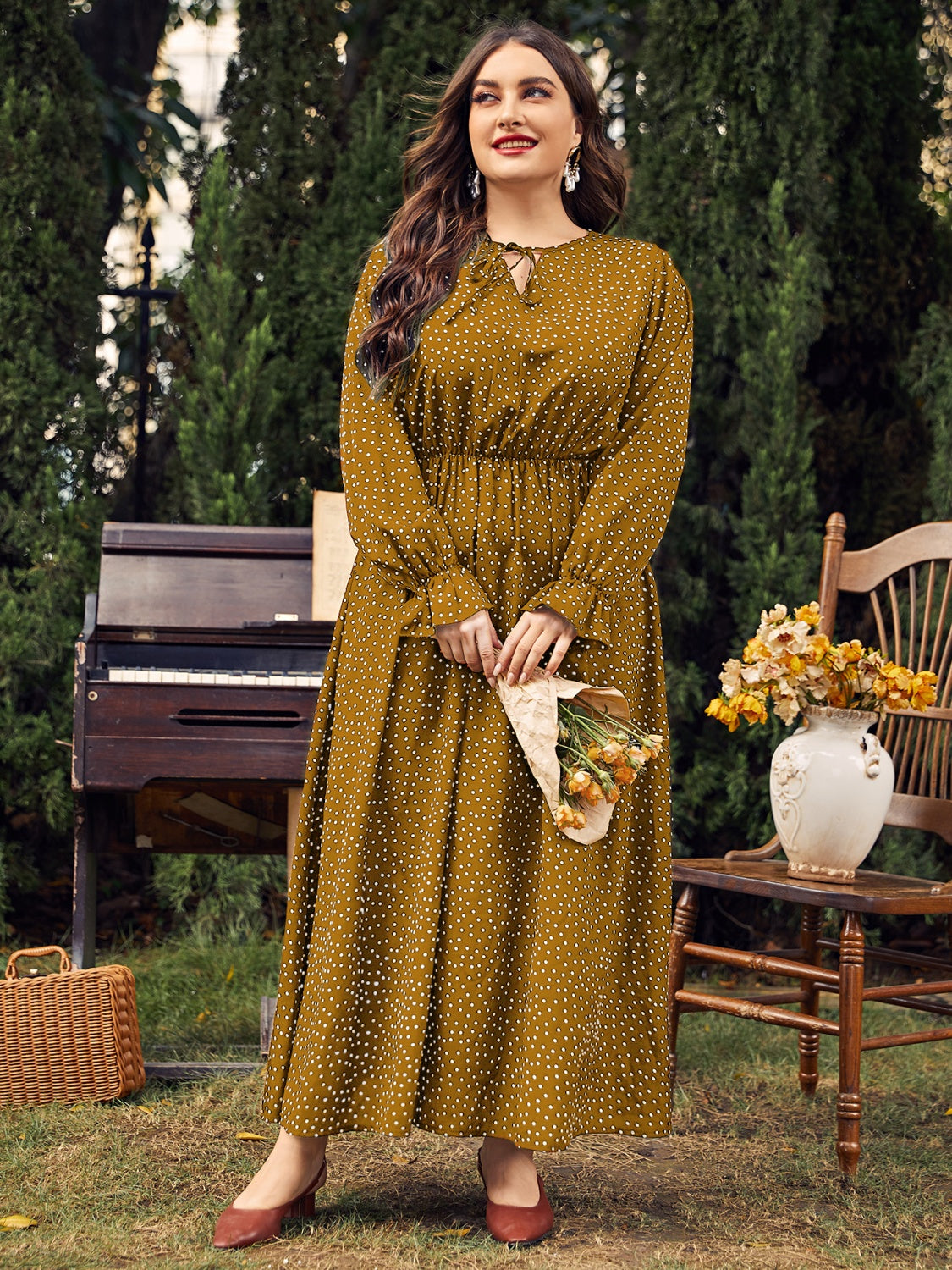 She Wears Glory™ “Heaven’s Embrace” Plus Size Ruffled Polka Dot Midi Dress - She Wears Glory Beverly Hills