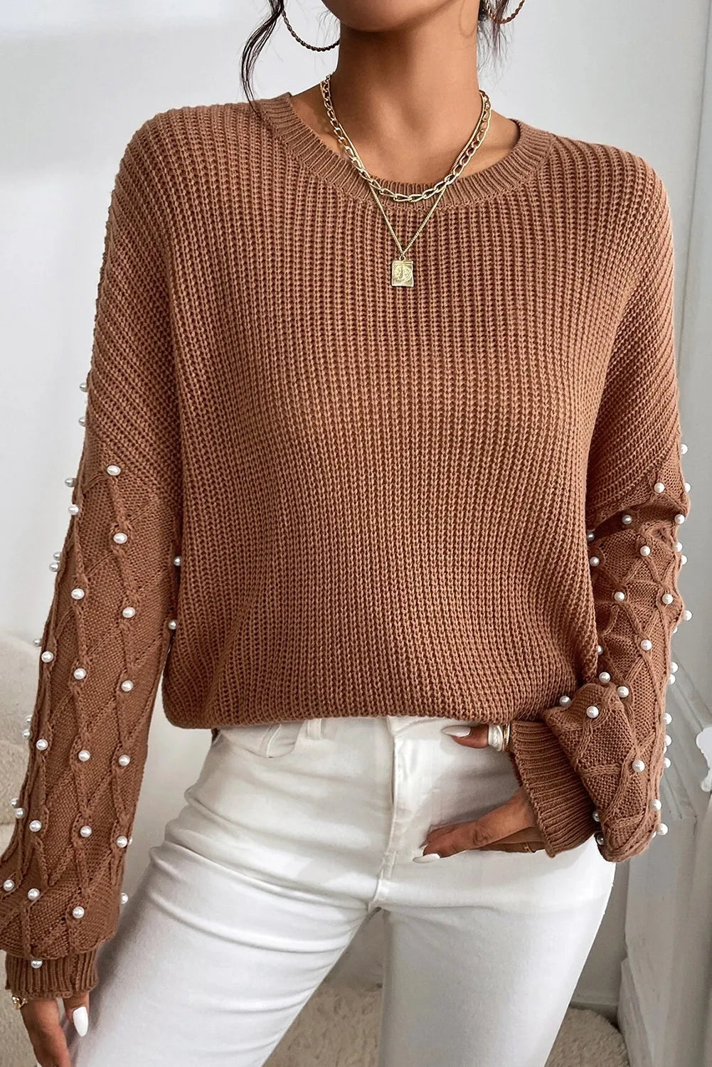 She Wears Glory™ Pearl Detail Round Neck Long Sleeve Sweater - She Wears Glory Beverly Hills