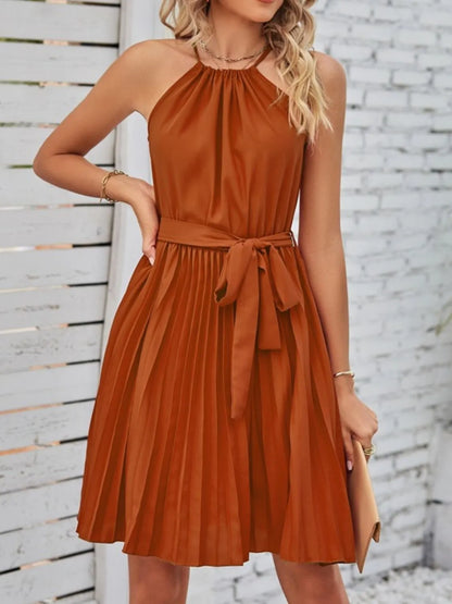 She Wears Glory™ “Crowned in Stillness” Pleated Tie-Waist Mini Dress - She Wears Glory Beverly Hills