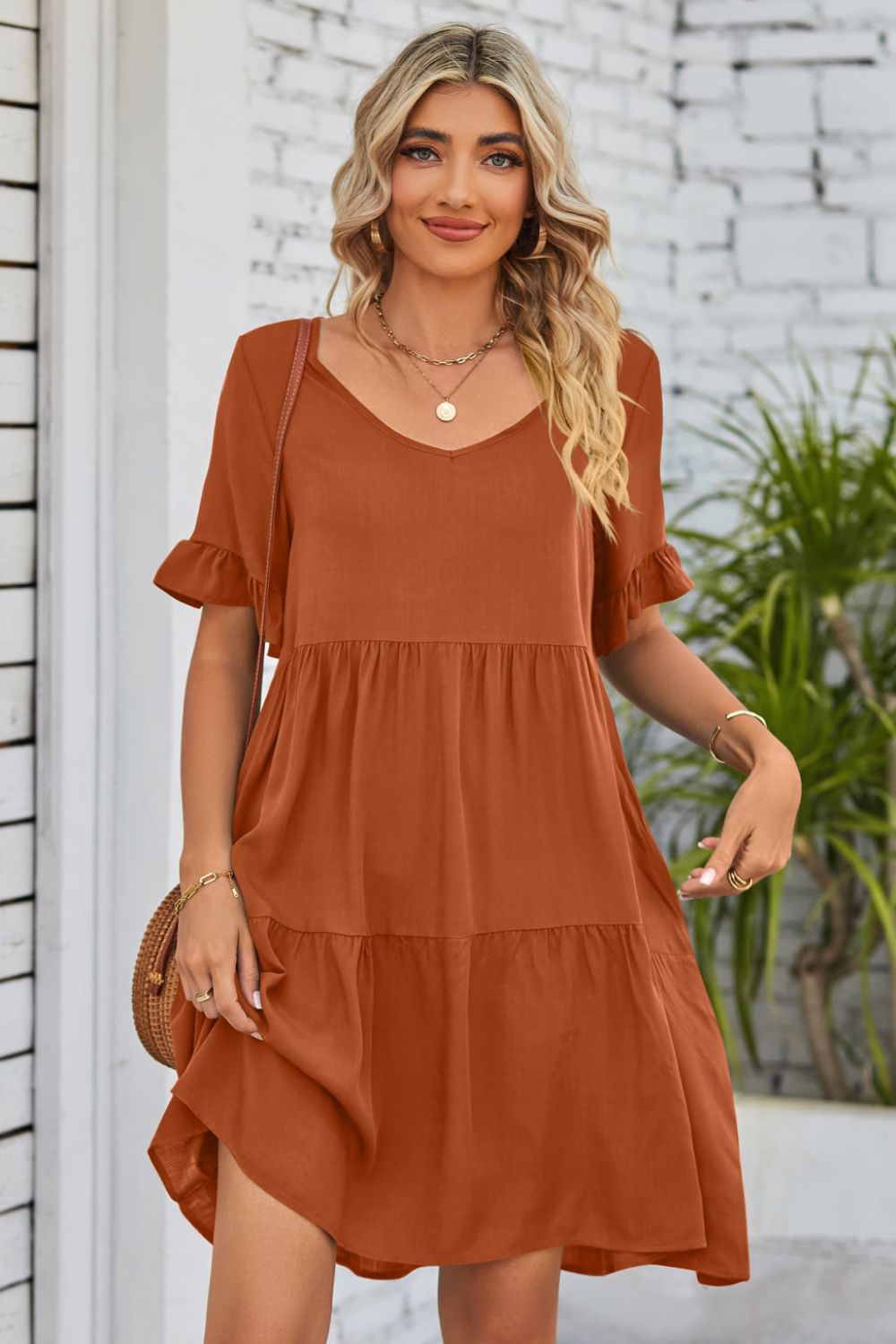 She Wears Glory™ Mandy V-Neck Flounce Sleeve Tiered Dress - She Wears Glory Beverly Hills