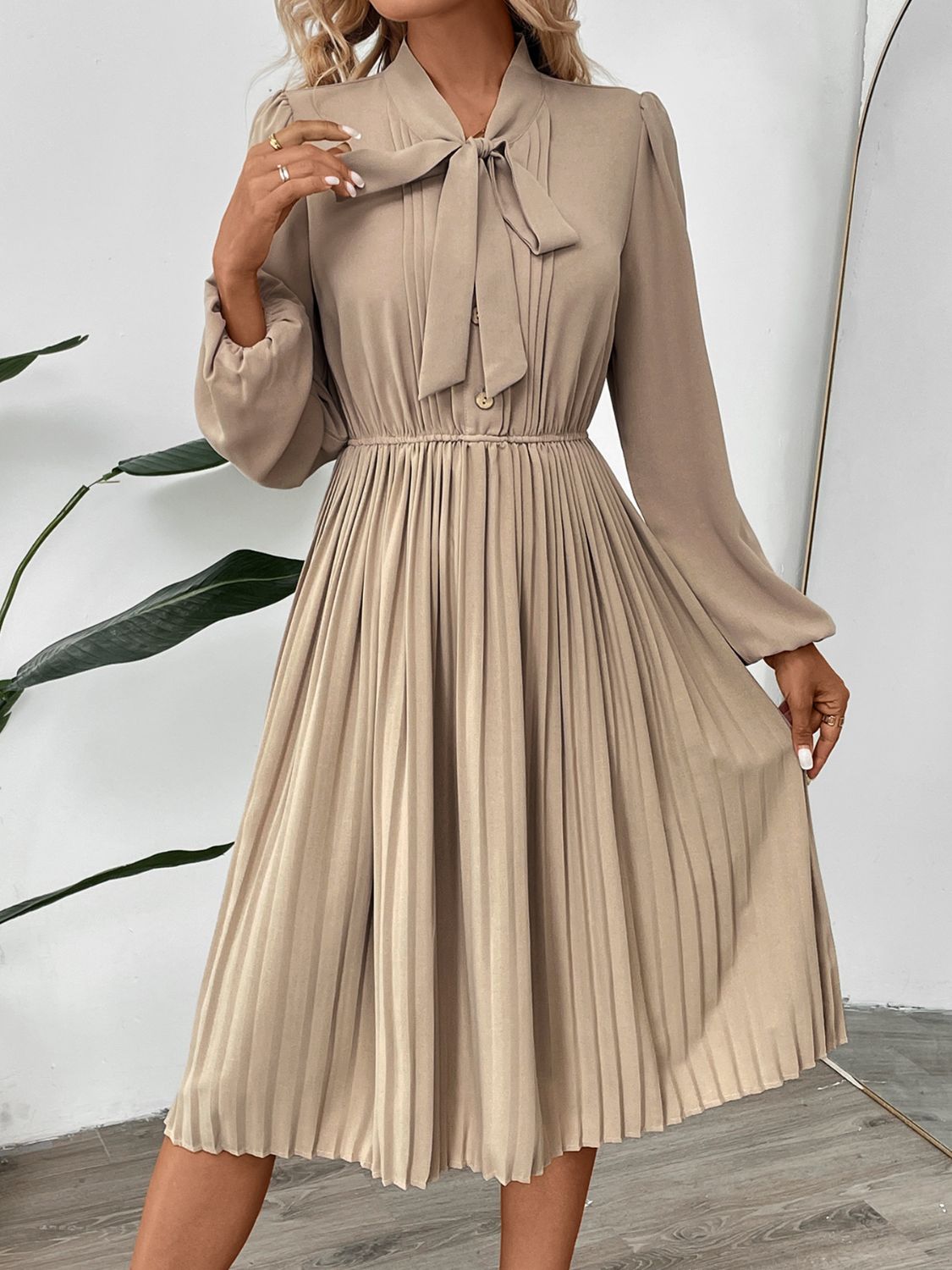 She Wears Glory™ – The Adorned Mantle Dress (Pleated Tie-Neck Long Sleeve Dress) - She Wears Glory Beverly Hills