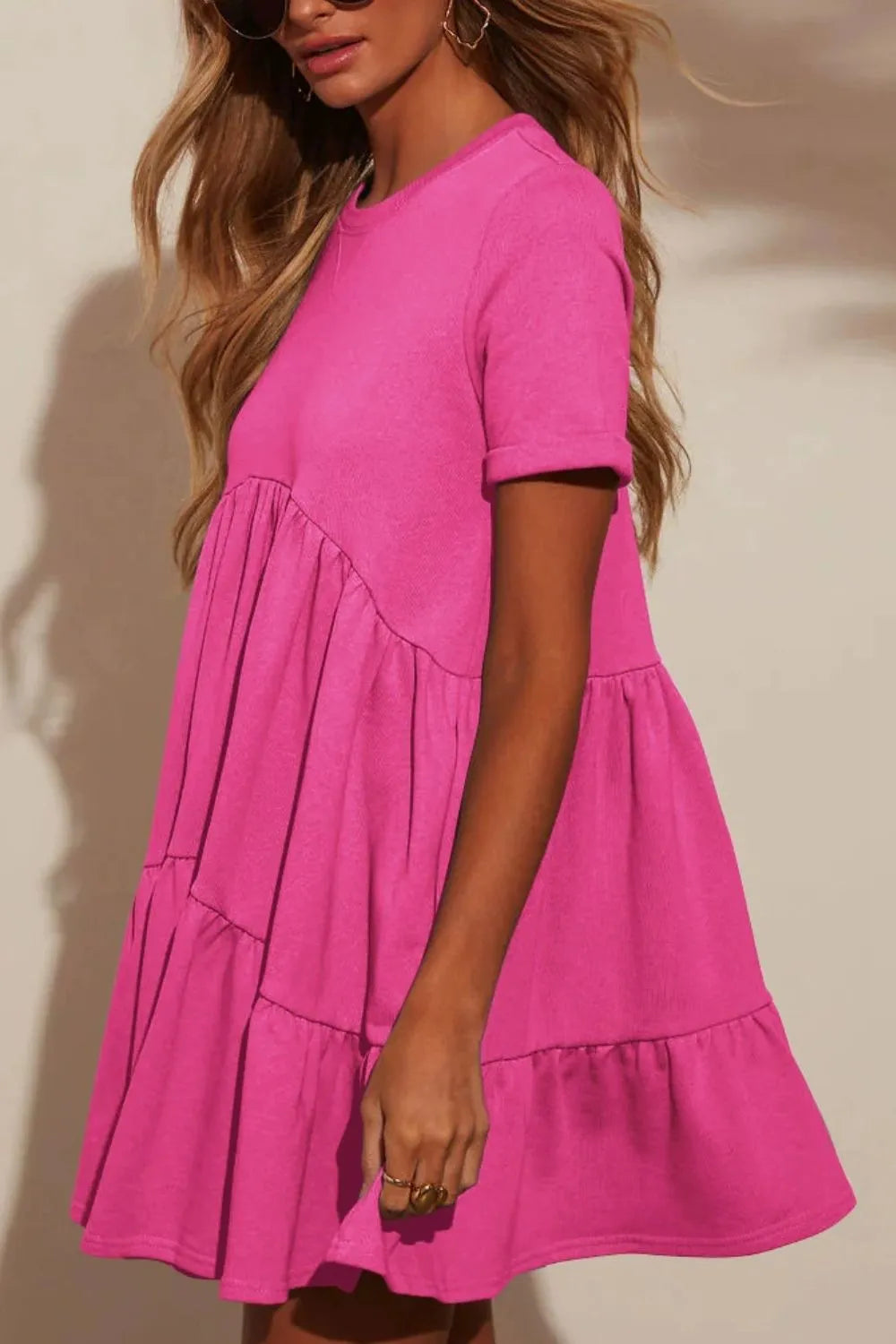 She Wears Glory™ Tiered Round Neck Short Sleeve Mini Dress - She Wears Glory Beverly Hills