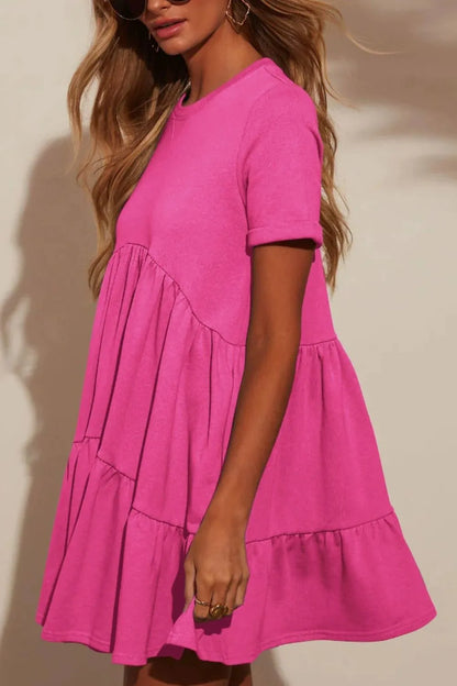 She Wears Glory™ Tiered Round Neck Short Sleeve Mini Dress - She Wears Glory Beverly Hills