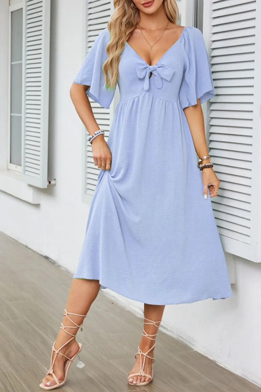 Smocked Tie Front Flutter Sleeve Midi Dress - She Wears Glory Beverly Hills