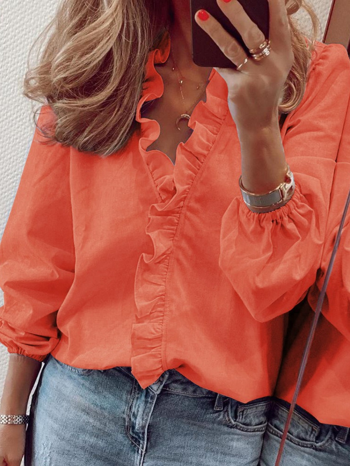 Full Size Ruffled V-Neck Long Sleeve Blouse - She Wears Glory Beverly Hills