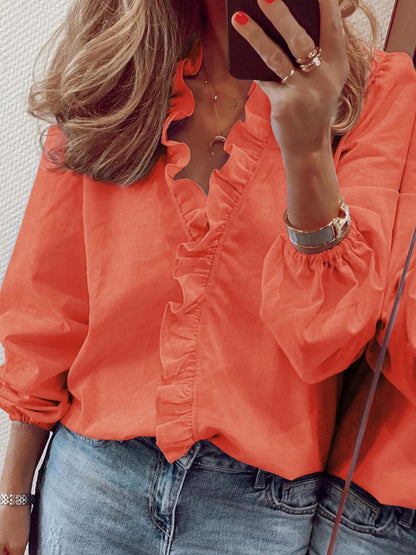 Full Size Ruffled V-Neck Long Sleeve Blouse - She Wears Glory Beverly Hills
