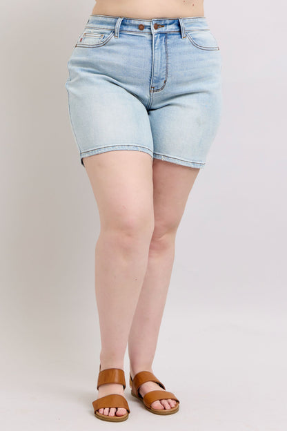 She Wears Glory™ “Redeemed Denim” 2-Button High-Rise Shorts with Pockets – Plus Size - She Wears Glory Beverly Hills