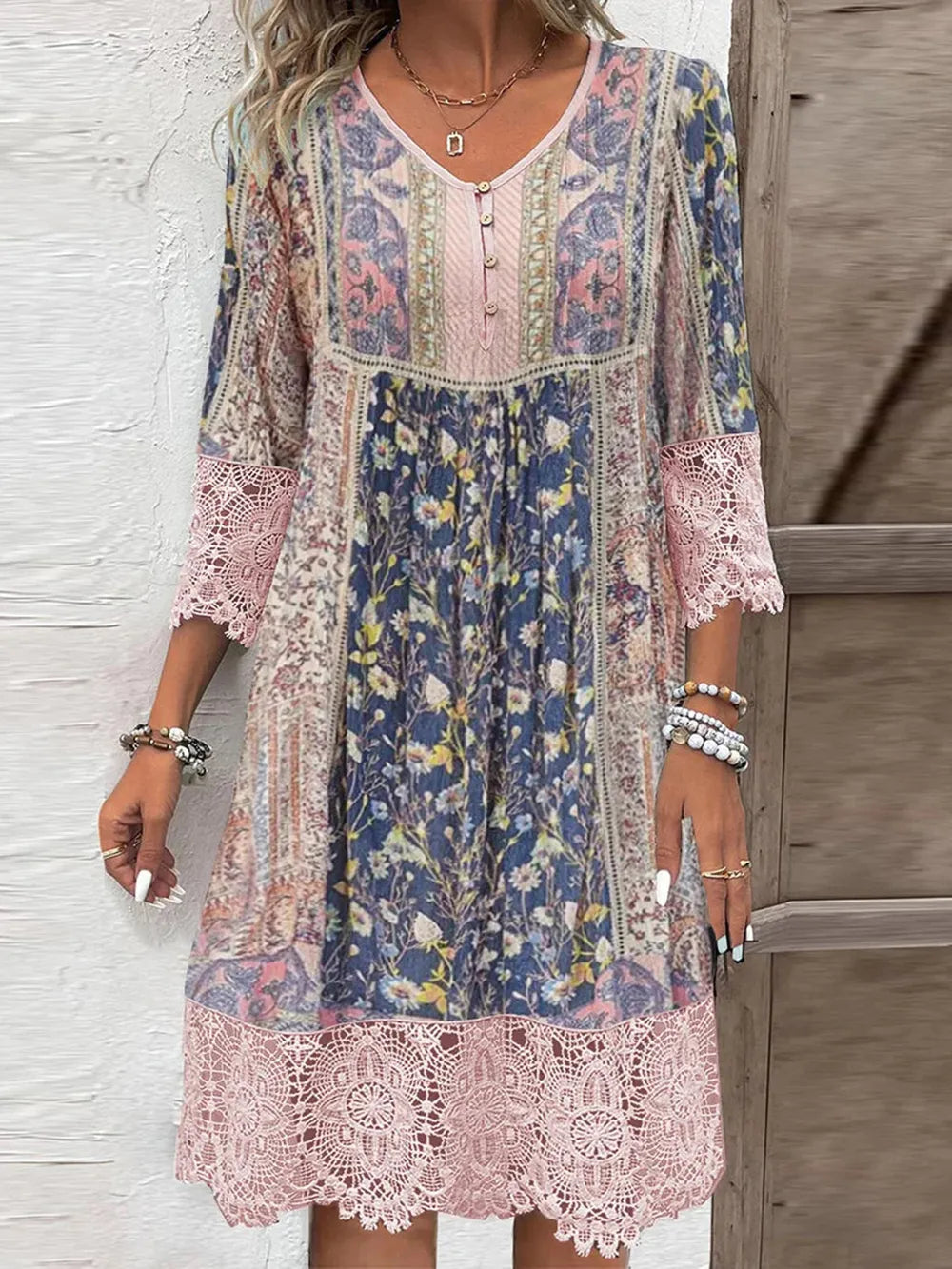 She Wears Glory™ Lace Detail Printed Three-Quarter Sleeve Dress - She Wears Glory Beverly Hills