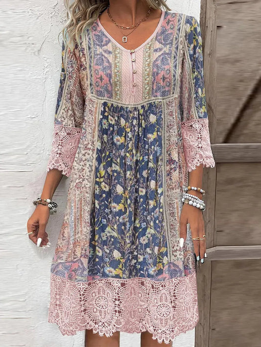 She Wears Glory™ Lace Detail Printed Three-Quarter Sleeve Dress - She Wears Glory Beverly Hills